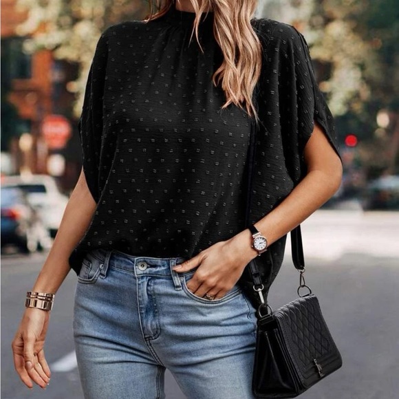 Boho black Swiss dot batwing sleeve blouse - Picture 4 of 5